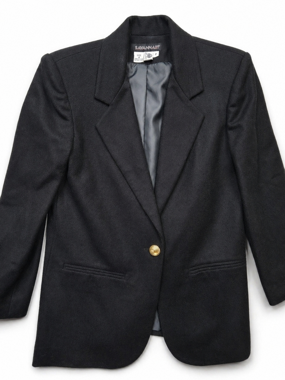 Vintage Savanna Black Wool Blazer Gold Button Size 4P Petite Classic Structured